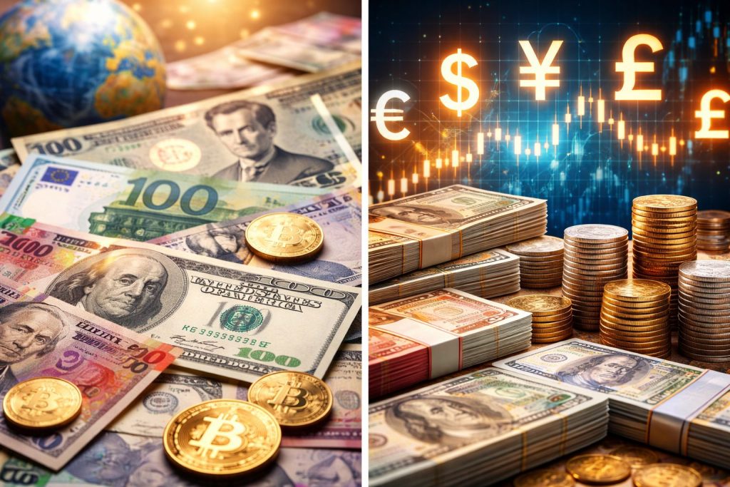 global currencies including dollar euro yen and pound representing international financial markets