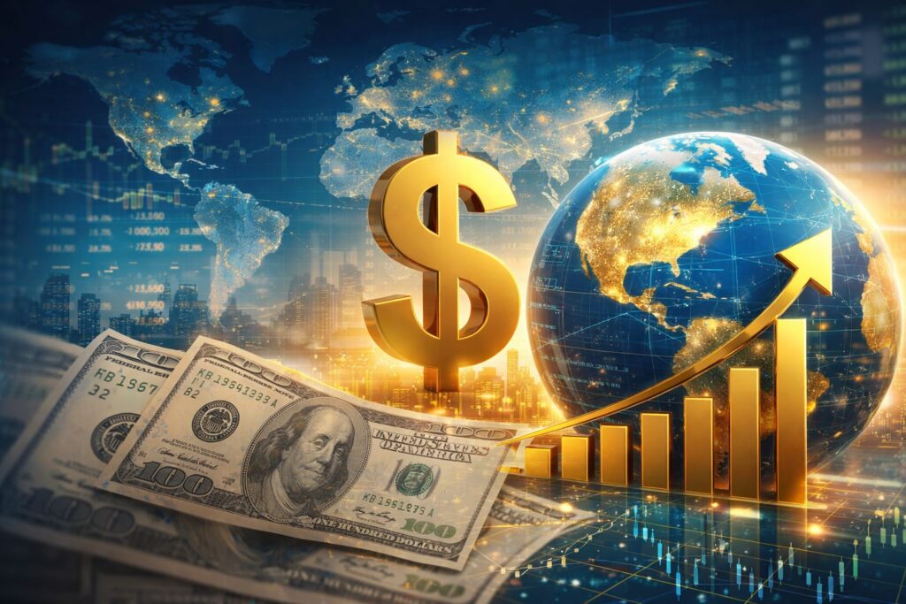 US dollar symbol with global map and financial growth chart representing the dominance of the US dollar in the global economy