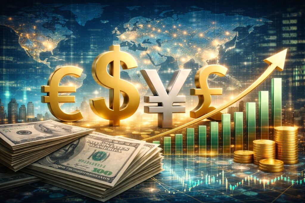 forex market global currency trading with dollar euro yen pound and financial growth chart